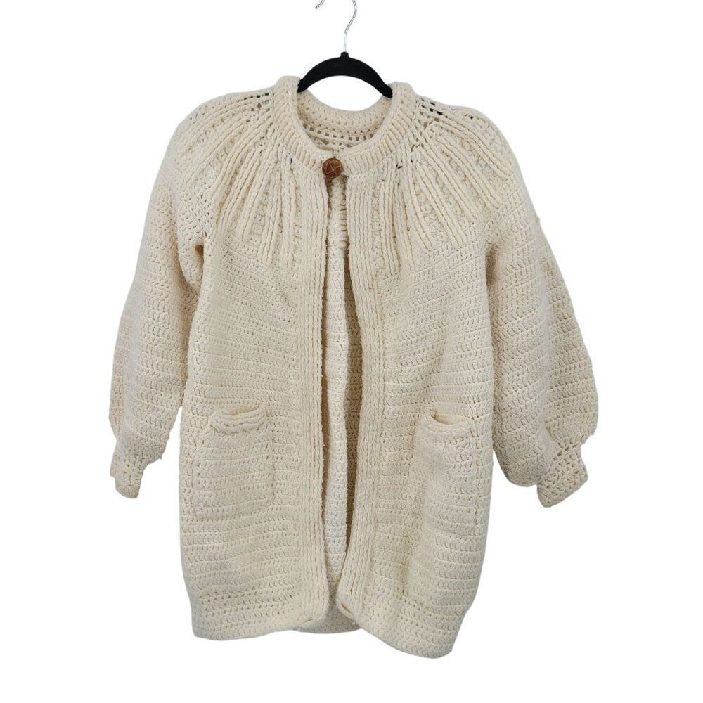 Vtg 70s Cream Handmade Coatigan Cardigan‎ Puff Sleeve Pockets Coastal Grannycore